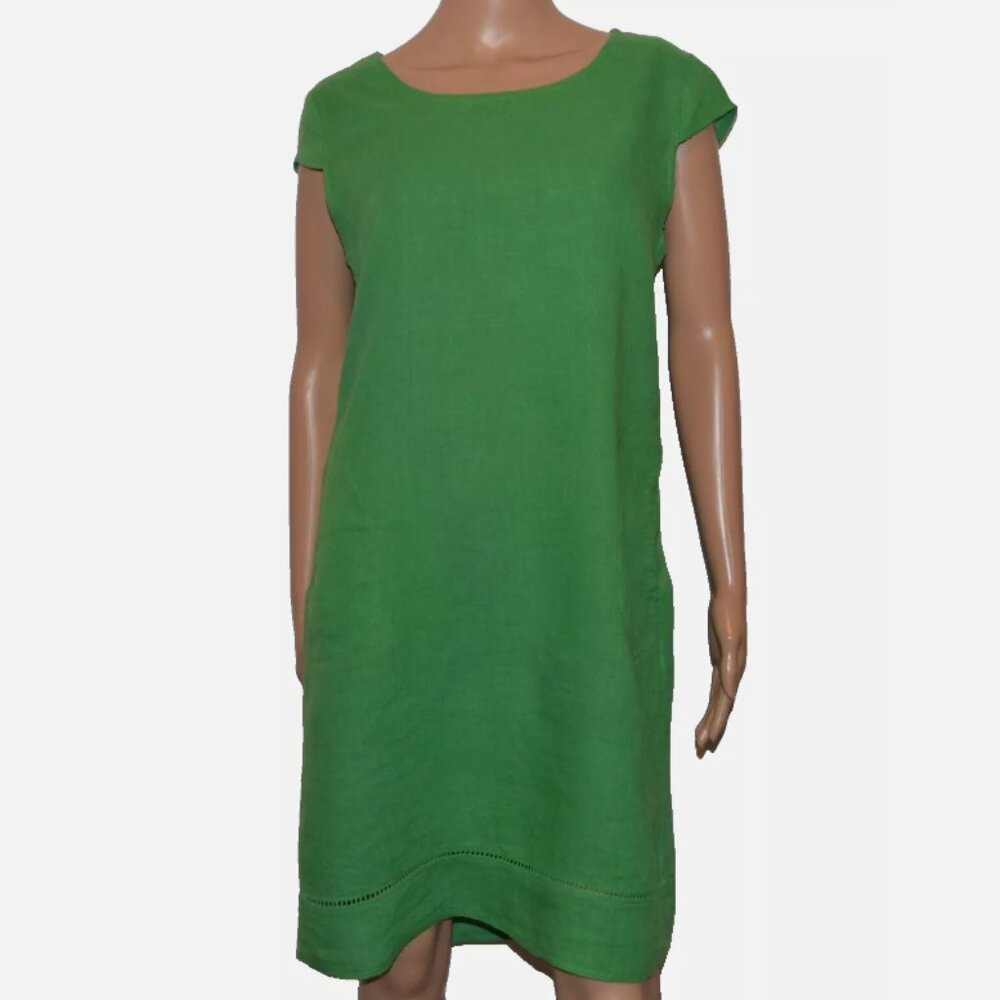 Elizabeth Scott Italy Green Linen Cap Sleeve Side Pockets Dress Size S
